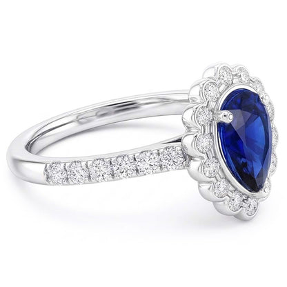 Halo Srilanka Sapphire Ring Pear White Gold & Natural Earth Mined Diamonds 4 Carats