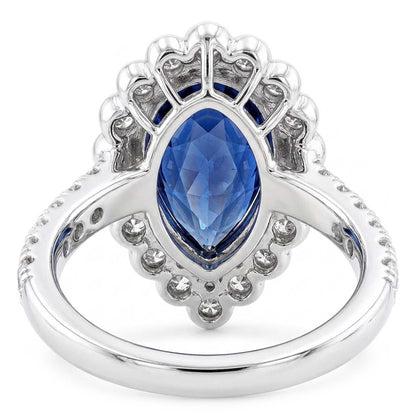 Halo Srilanka Sapphire Ring Pear White Gold & Natural Earth Mined Diamonds 4 Carats
