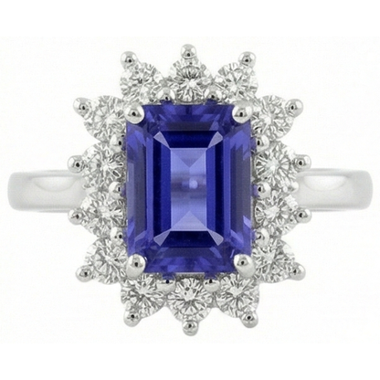 Halo Tanzanite And Natural Earth Mined Diamonds 6.35 Carats Ring White Gold 14K