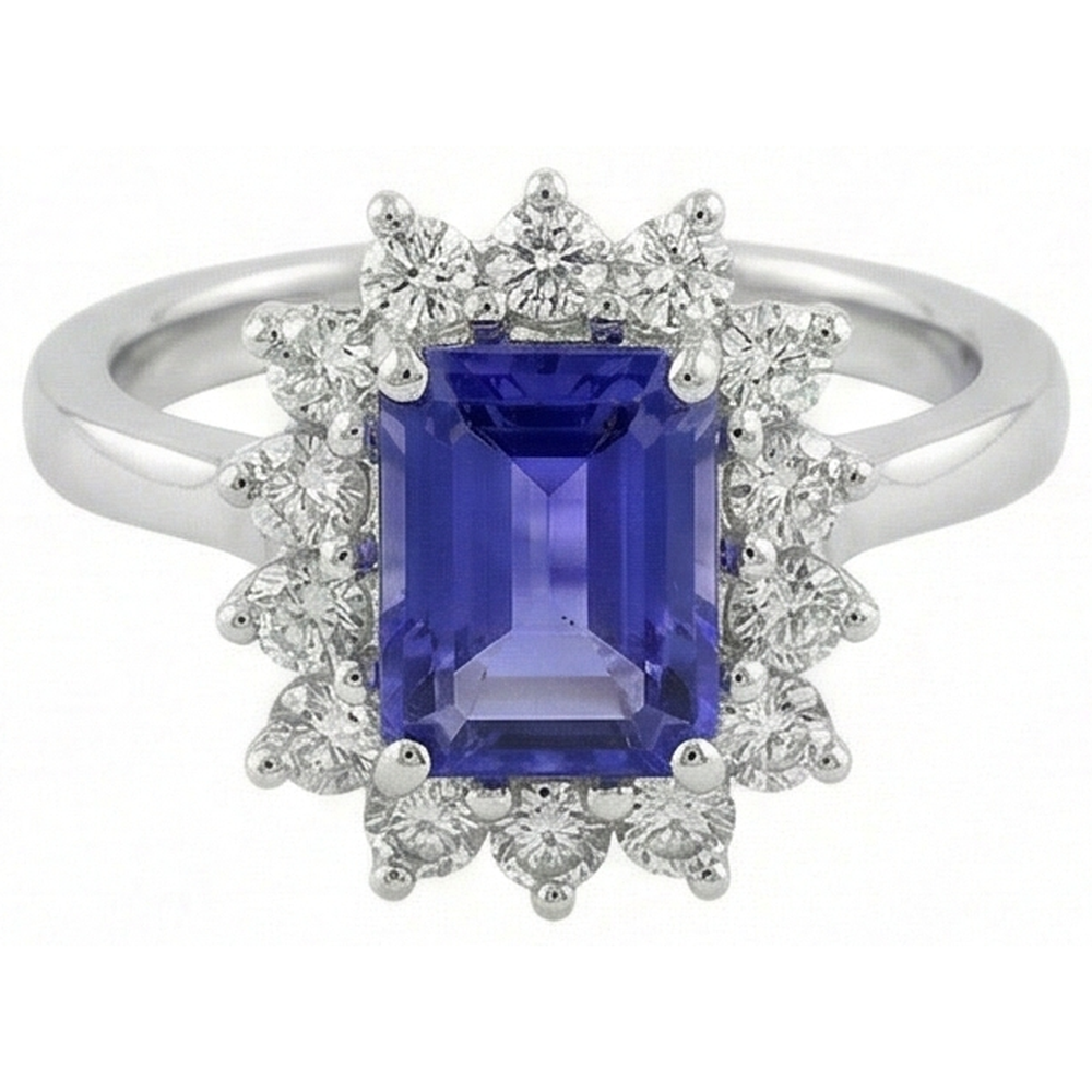 Halo Tanzanite And Natural Earth Mined Diamonds 6.35 Carats Ring White Gold 14K