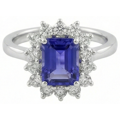 Halo Tanzanite And Natural Earth Mined Diamonds 6.35 Carats Ring White Gold 14K