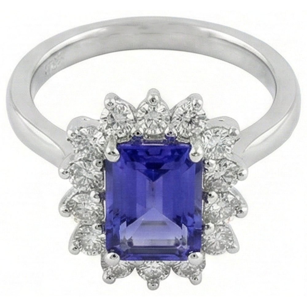 Halo Tanzanite And Natural Earth Mined Diamonds 6.35 Carats Ring White Gold 14K