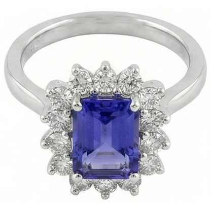 Halo Tanzanite And Natural Earth Mined Diamonds 6.35 Carats Ring White Gold 14K