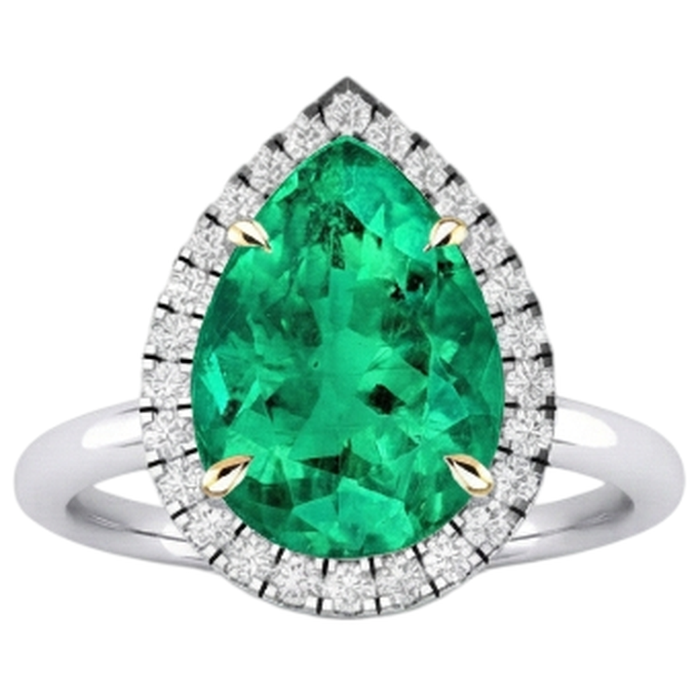 Natural Real ( Not Lab Grown ) Halo Teardrop Engagement Ring Green Emerald GIA Stone