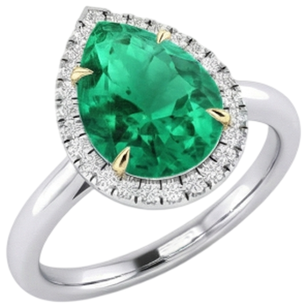 Natural Real ( Not Lab Grown ) Halo Teardrop Engagement Ring Green Emerald GIA Stone