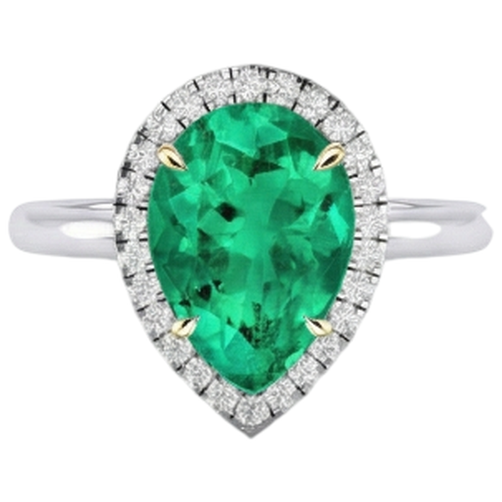Natural Real ( Not Lab Grown ) Halo Teardrop Engagement Ring Green Emerald GIA Stone