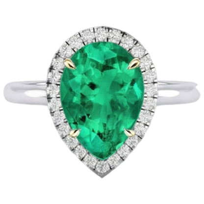 Natural Real ( Not Lab Grown ) Halo Teardrop Engagement Ring Green Emerald GIA Stone