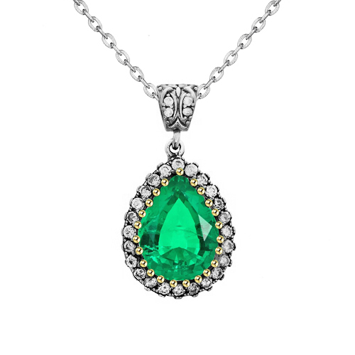Halo Teardrop Green Emerald Pendant Ladies Necklace Jewelry