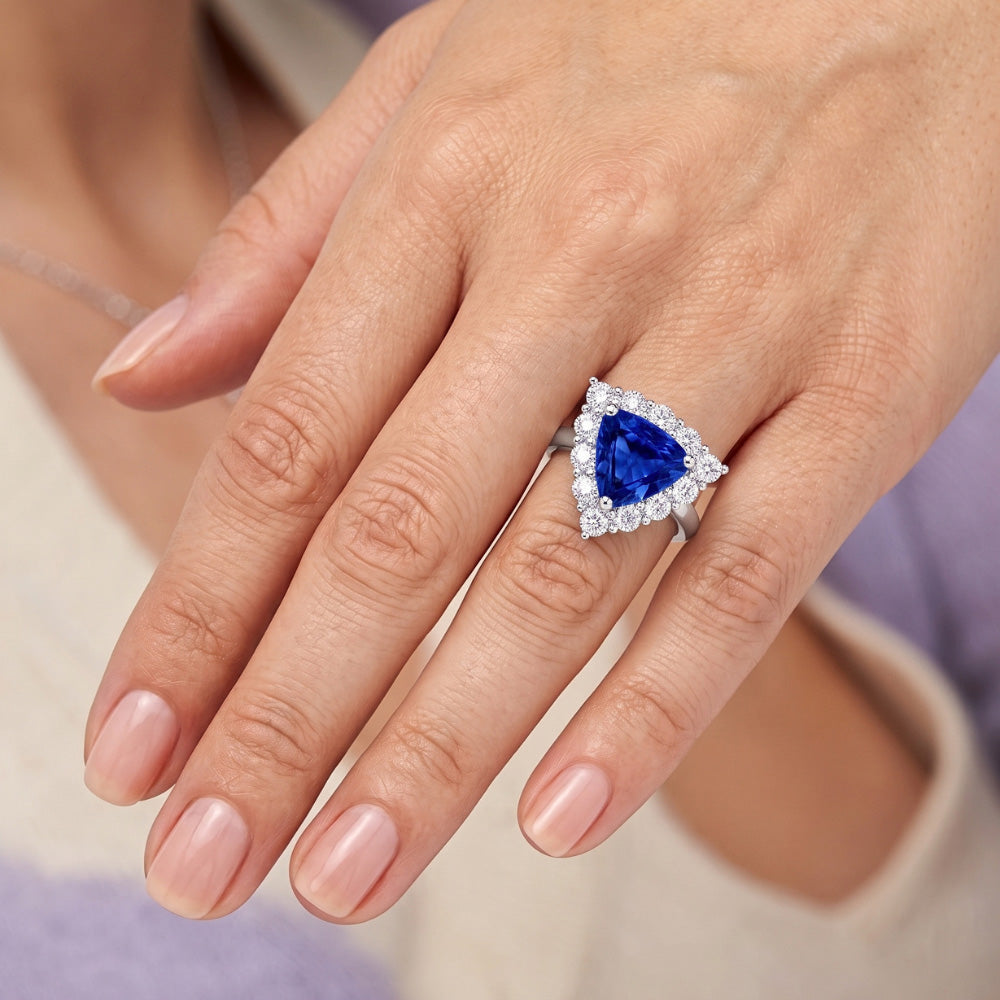Halo Trillion Blue Sapphire Ring 2.50 Carats Round Natural Earth Mined Diamond Jewelry