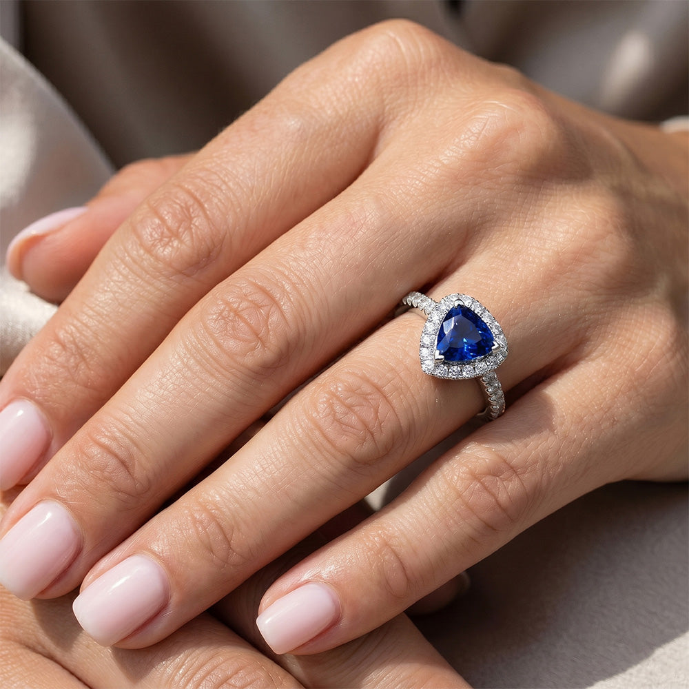 Halo Trillion Natural Earth Mined Diamond Deep Blue Sapphire Ring 2 Carats Jewelry Gold