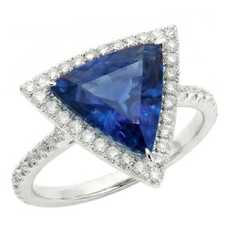 Halo Trillion Sapphire Ring 5 Carats Pave Set Natural Earth Mined Diamond Accents Gold 14K