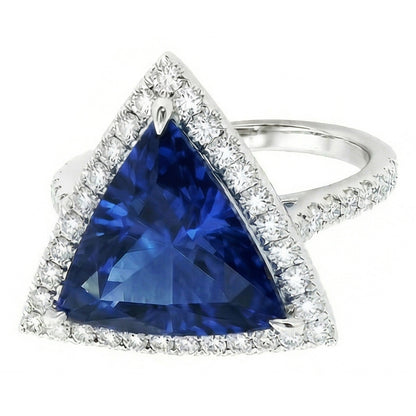 Halo Trillion Sapphire Ring 5 Carats Pave Set Natural Earth Mined Diamond Accents Gold 14K