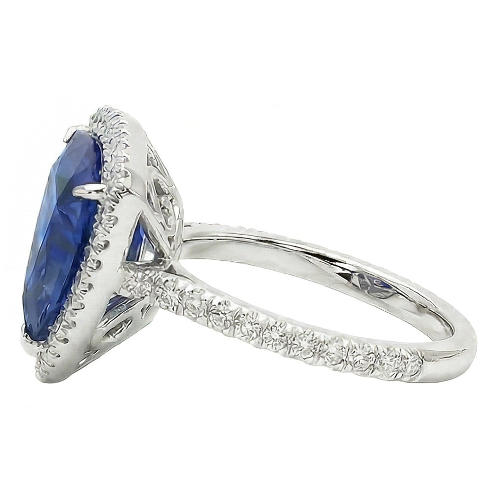 Halo Trillion Sapphire Ring 5 Carats Pave Set Natural Earth Mined Diamond Accents Gold 14K