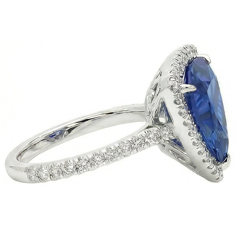 Halo Trillion Sapphire Ring 5 Carats Pave Set Natural Earth Mined Diamond Accents Gold 14K