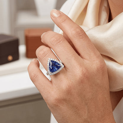 Halo Trillion Sapphire Ring 5 Carats Pave Set Natural Earth Mined Diamond Accents Gold 14K