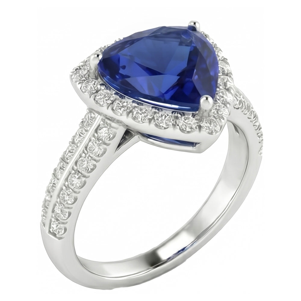 Halo Trillion Sri Lankan Sapphire Ring 3 Carats Natural Earth Mined Diamond Gold Jewelry
