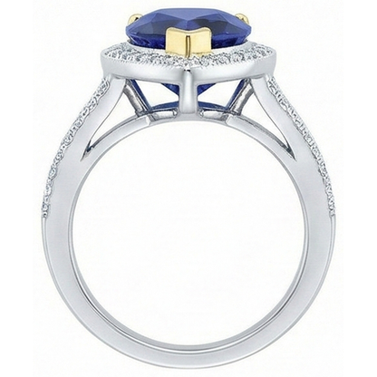 Halo Two Tone Gold Deep Blue Sapphire & Natural Earth Mined Diamond Ring 4.50 Carats