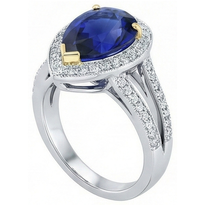 Halo Two Tone Gold Deep Blue Sapphire & Natural Earth Mined Diamond Ring 4.50 Carats