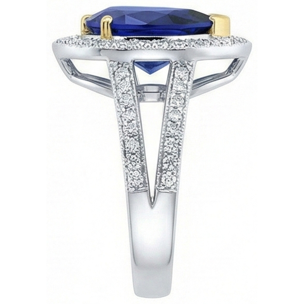 Halo Two Tone Gold Deep Blue Sapphire & Natural Earth Mined Diamond Ring 4.50 Carats
