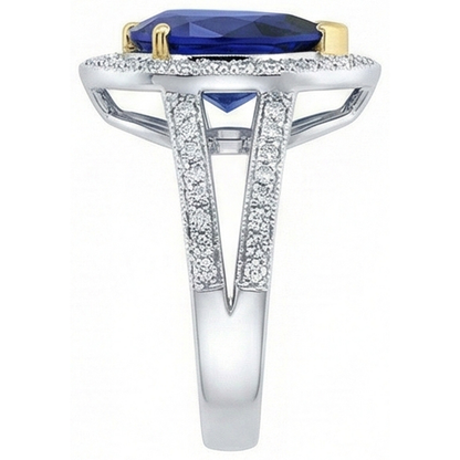 Halo Two Tone Gold Deep Blue Sapphire & Natural Earth Mined Diamond Ring 4.50 Carats