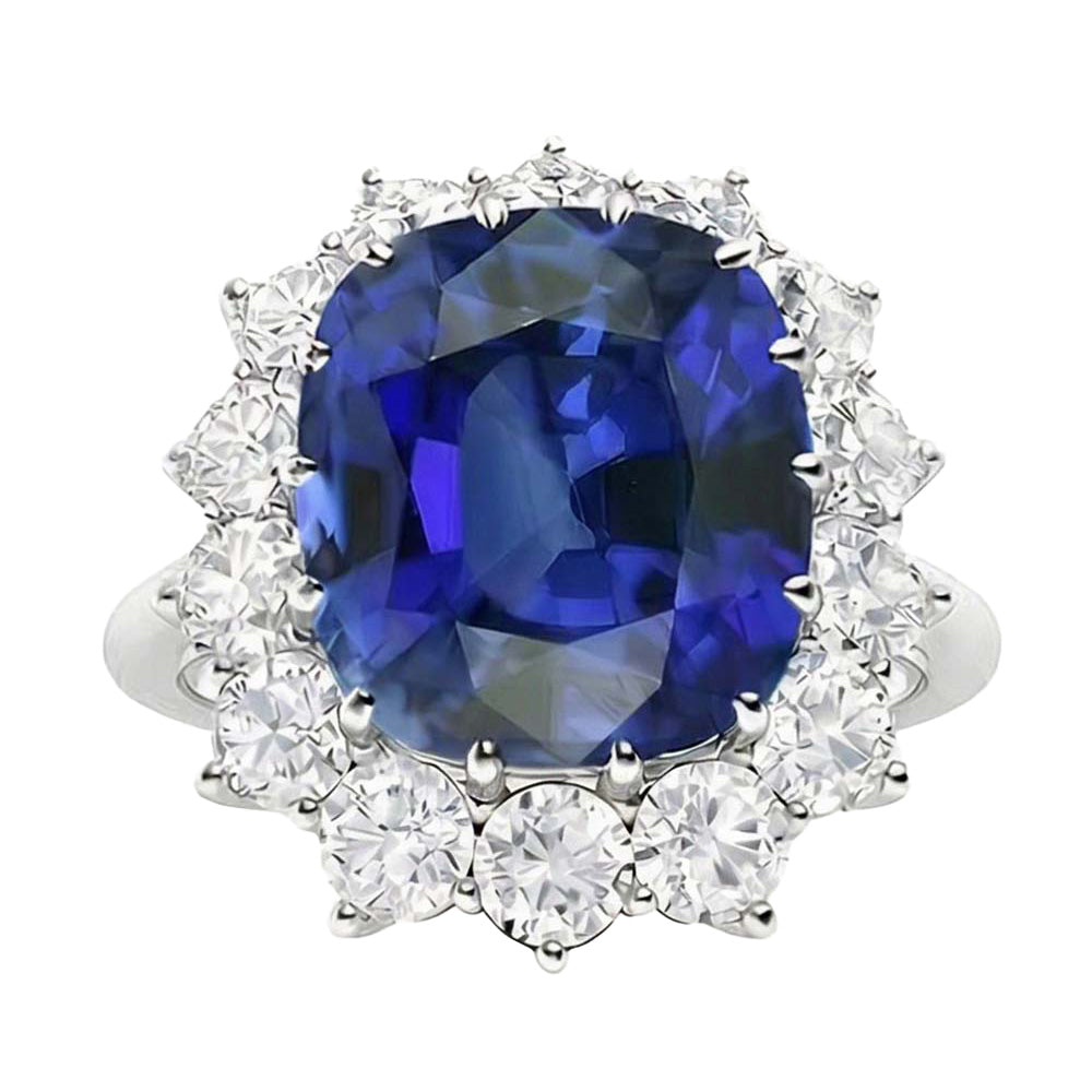 Halo Wedding Ring Cushion Blue Sapphire 6 Carats Flower Style Natural Earth Mined Diamonds