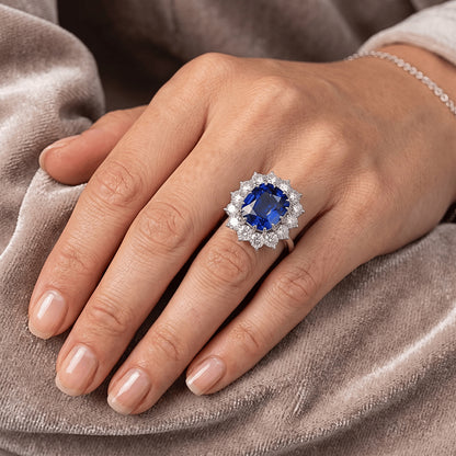 Halo Wedding Ring Cushion Blue Sapphire 6 Carats Flower Style Natural Earth Mined Diamonds