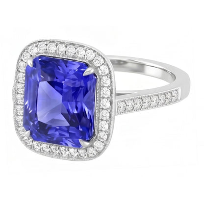 Halo Wedding Ring Radiant Blue Sapphire 3.50 Carats Natural Earth Mined Diamond Accents