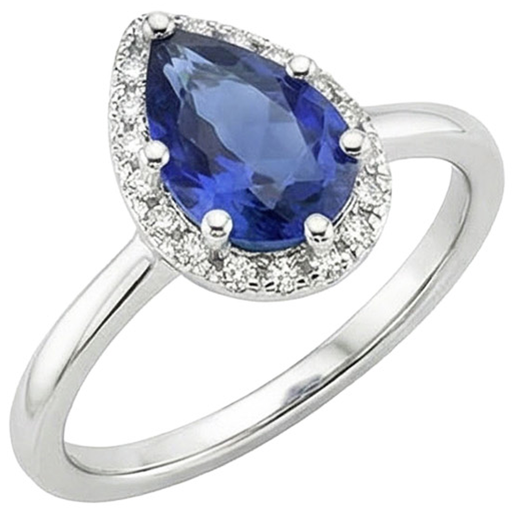 Halo White Gold Ring Pear Blue Sapphire & Natural Earth Mined Diamonds 4 Carats