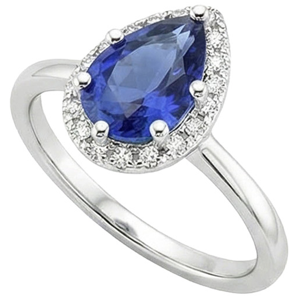 Halo White Gold Ring Pear Blue Sapphire & Natural Earth Mined Diamonds 4 Carats