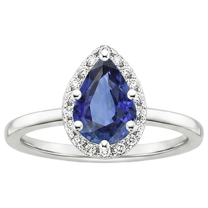 Halo White Gold Ring Pear Blue Sapphire & Natural Earth Mined Diamonds 4 Carats