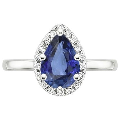 Halo White Gold Ring Pear Blue Sapphire & Natural Earth Mined Diamonds 4 Carats