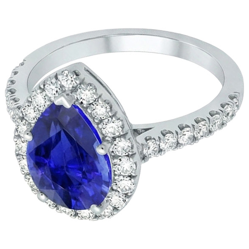 Halo White Gold Ring Pear Sri Lankan Sapphire & Natural Earth Mined Diamonds 6 Carats