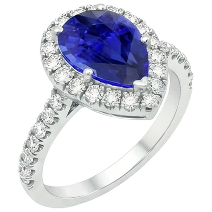 Halo White Gold Ring Pear Sri Lankan Sapphire & Natural Earth Mined Diamonds 6 Carats
