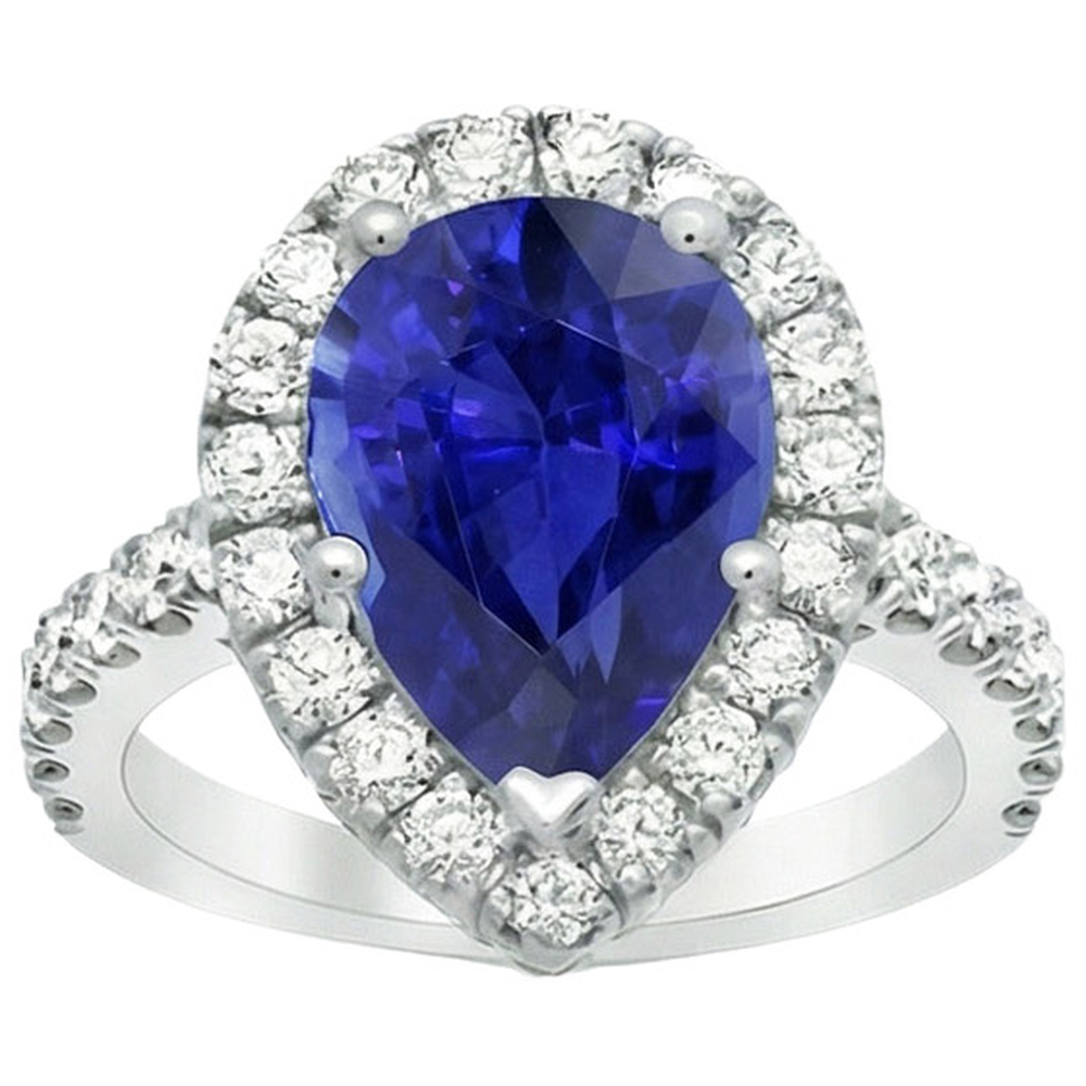 Halo White Gold Ring Pear Sri Lankan Sapphire & Natural Earth Mined Diamonds 6 Carats