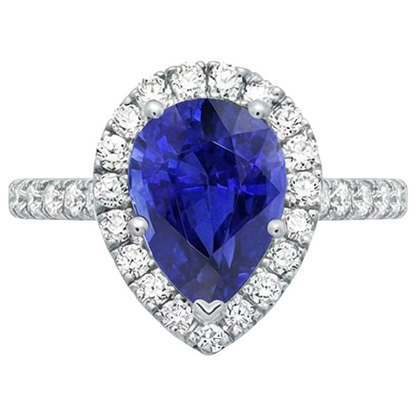 Halo White Gold Ring Pear Sri Lankan Sapphire & Natural Earth Mined Diamonds 6 Carats