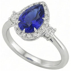 Halo 3 Stone Ring Pear Ceylon Sapphire & Natural Earth Mined Diamonds 5 Carats