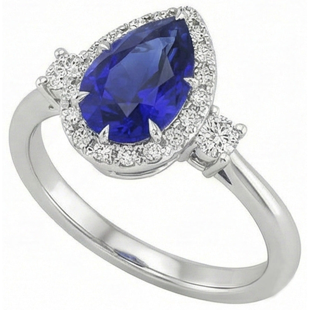 Halo 3 Stone Ring Pear Ceylon Sapphire & Natural Earth Mined Diamonds 5 Carats