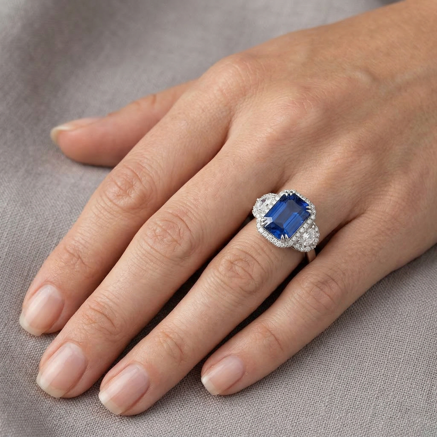 lab grown emerald sapphire 5ct ring with diamond accents