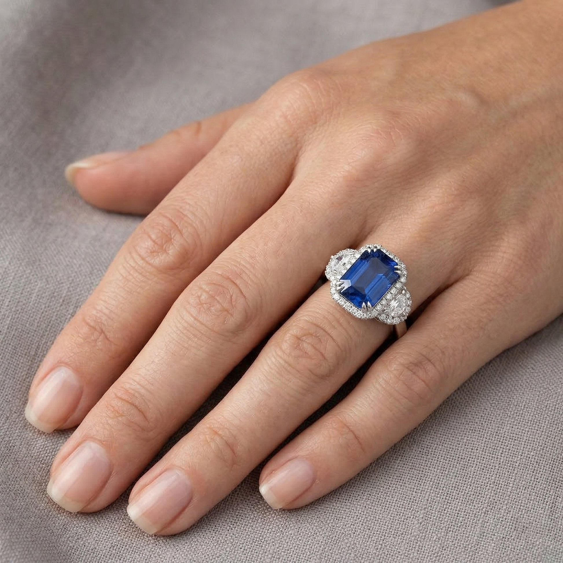lab grown emerald sapphire 5ct ring with diamond accents