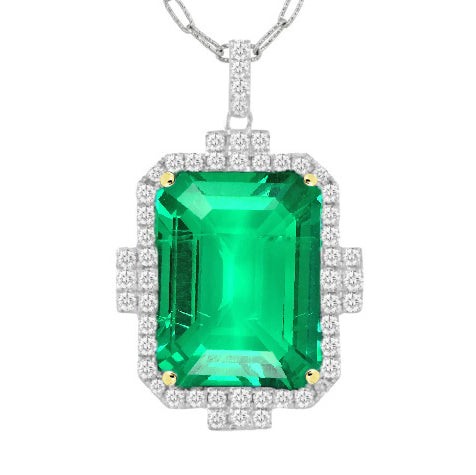 Halo Green Emerald Gemstone And Diamond Pendant