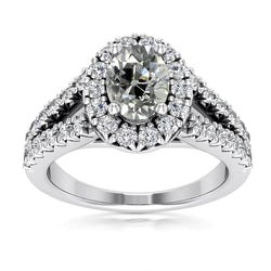 Halo Old Cut Oval & Round Diamond Ring Split Shank 5 Carats White Gold
