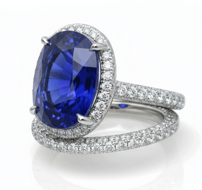 Halo Oval Ceylon Sapphire Wedding Ring Set 7 Carats With Natural Earth Mined Diamond Band