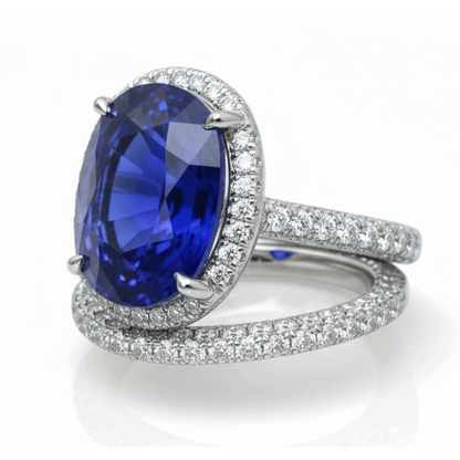 Halo Oval Ceylon Sapphire Wedding Ring Set 7 Carats With Natural Earth Mined Diamond Band