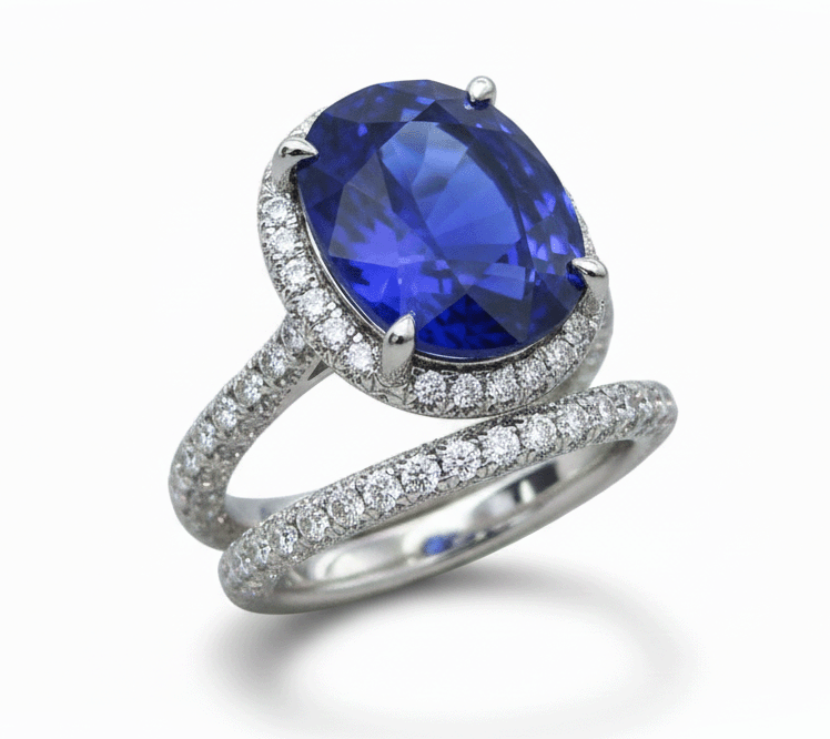 Halo Oval Ceylon Sapphire Wedding Ring Set 7 Carats With Natural Earth Mined Diamond Band