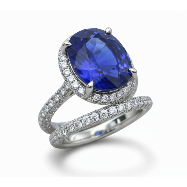 Halo Oval Ceylon Sapphire Wedding Ring Set 7 Carats With Natural Earth Mined Diamond Band