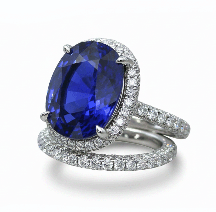 Halo Oval Ceylon Sapphire Wedding Ring Set 7 Carats With Natural Earth Mined Diamond Band