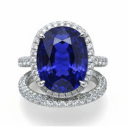 Halo Oval Ceylon Sapphire Wedding Ring Set 7 Carats With Natural Earth Mined Diamond Band