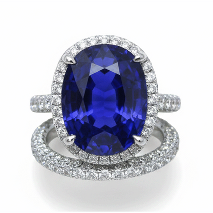 Halo Oval Ceylon Sapphire Wedding Ring Set 7 Carats With Natural Earth Mined Diamond Band