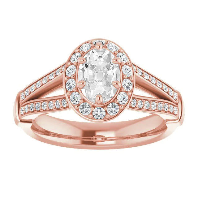 Halo Oval Old Miner Diamond Ring Split Shank 6 Prong Set 4 Carats