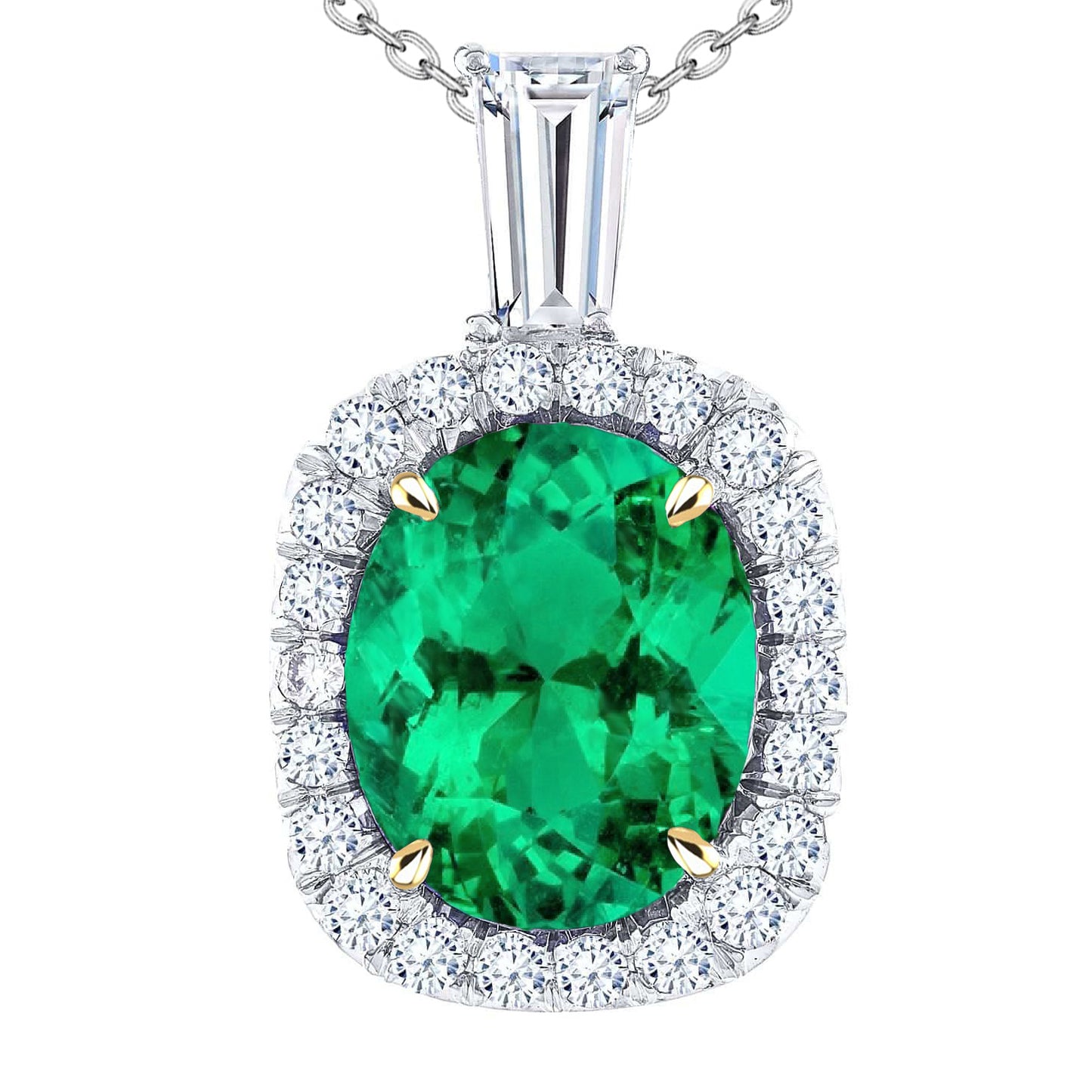 Halo Pendant Oval Cut Green Emerald Necklace
